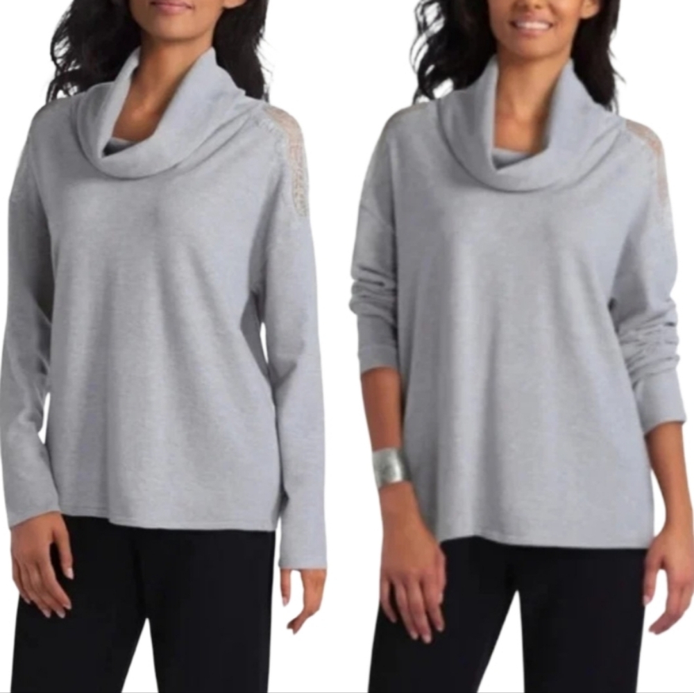 Halston Cowl neck lace insert shoulder foggy Heather sweater‎ size small NEW!!!
